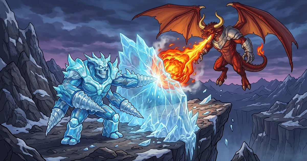 An armoured ice monster raising a shard shield against a winged fire dragon's breath, on a mountain ledge