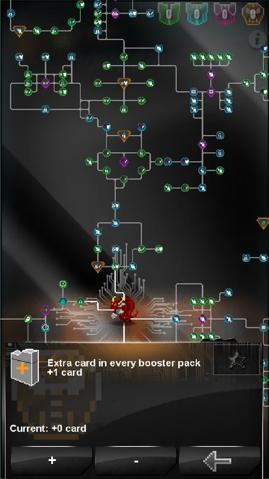 A branching perk tree for a dungeon run, with an extra-booster-card node selected