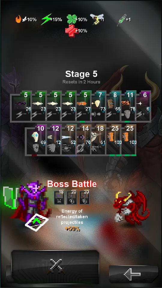 Stage 5 of a dungeon run showing the card hand along the top and a boss battle below