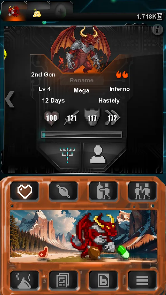 A Mega Inferno in its environment with the care menu around it