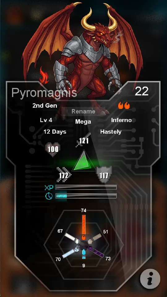 The profile screen for Pyromagnis, a 2nd generation Mega, showing level, age and stats